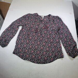 Joie  Dark Floral Printed Blouse Silk Long Sleeve Tassel Tie Neck Shirt Size XS